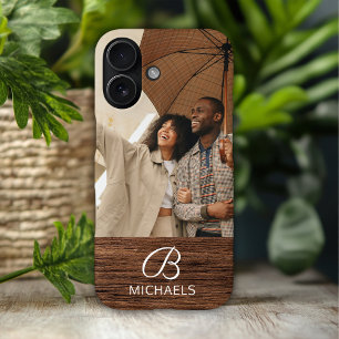 Photo Monogram Faux Wood Grain Family Name iPhone 16 Case