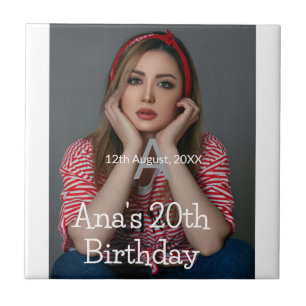 Photo monogram happy 20th birthday gray white ceramic tile