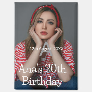 Photo monogram happy 20th birthday gray white magnet