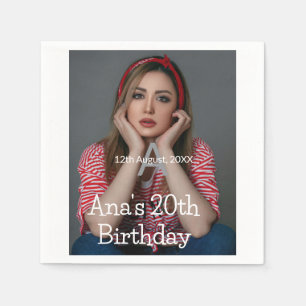 Photo monogram happy 20th birthday gray white napkins