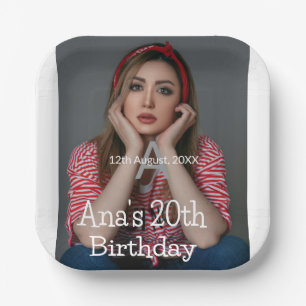 Photo monogram happy 20th birthday gray white paper plates