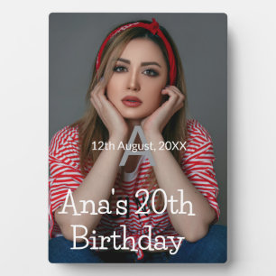 Photo monogram happy 20th birthday gray white plaque