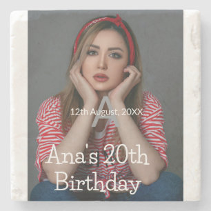 Photo monogram happy 20th birthday gray white stone coaster