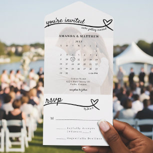 Photo Monogram Heart Line White Calendar Wedding All In One Invitation