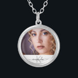 Photo monogram name elegant silver plated necklace<br><div class="desc">Personalize and add your own photo of yourself, best friend, mother, sister, grandmoter. A white frame with black text. Personalize and add a name and monogram letter. The name is written with a modern style hand lettered style script with swashes. To keep the swashes only delete the sample name, leave...</div>