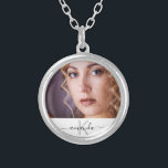 Photo monogram name elegant silver plated necklace<br><div class="desc">Personalize and add your own photo of yourself, best friend, mother, sister, grandmoter. A white frame with black text. Personalize and add a name and monogram letter. The name is written with a modern style hand lettered style script with swashes. To keep the swashes only delete the sample name, leave...</div>