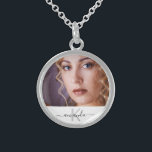 Photo monogram name modern elegant sterling silver necklace<br><div class="desc">Personalize and add your own photo of yourself, best friend, mother, sister, grandmoter. A white frame with black text. Personalize and add a name and monogram letter. The name is written with a modern style hand lettered style script with swashes. To keep the swashes only delete the sample name, leave...</div>