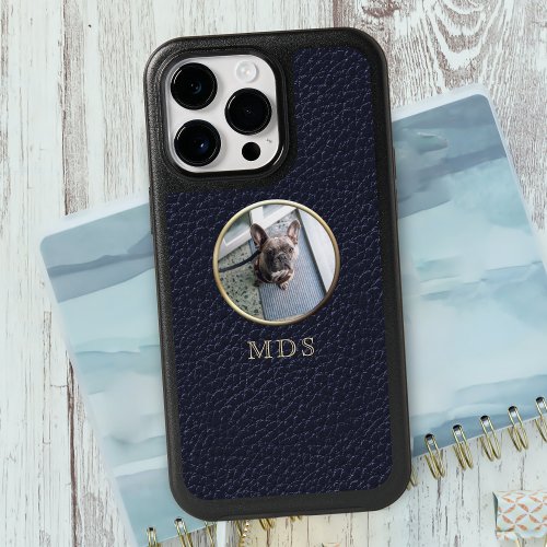 Photo Monogram Navy Blue Faux Leather OtterBox iPhone 14 Pro Max Case