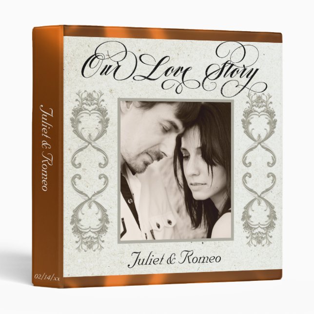 Photo, Monogram & Ribbon Wedding Album - Copper 3 Ring Binder (Front/Spine)