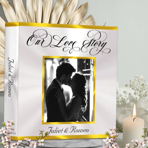 Photo, Monogram & Ribbon Wedding Album - Gold 3 Ring Binder