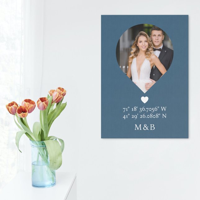 Photo Monogram Romantic Heart Coodinates Modern Faux Canvas Print (Creator Uploaded)