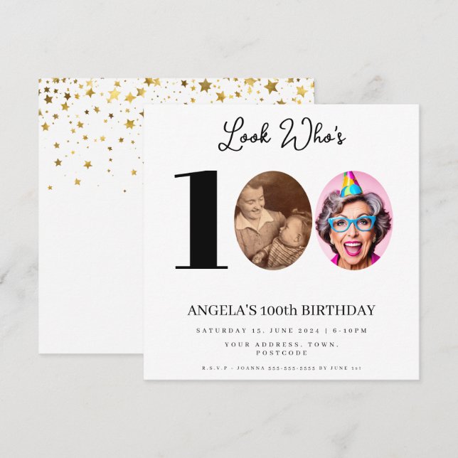 photo Montage Birthday party 100 years old Invitation (Front/Back)