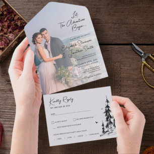 Photo mountain Forest simple modern RSVP wedding All In One Invitation