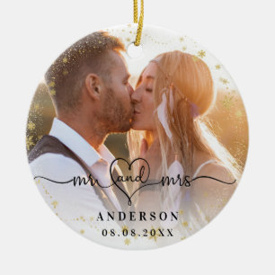 Photo mr mrs newly weds gold snow christmas ceramic ornament