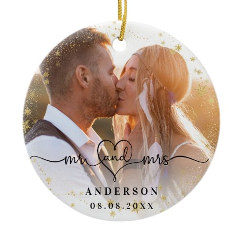 Photo mr mrs newly weds gold snow christmas ceramic ornament