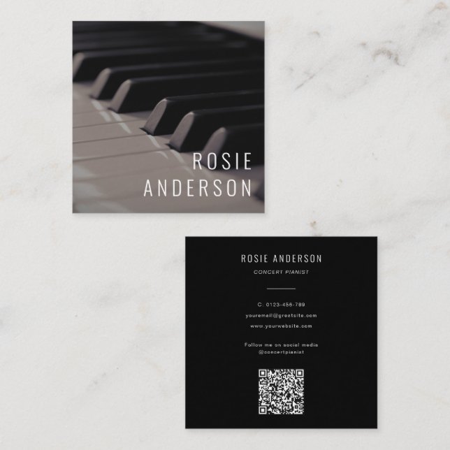 Photo Musician Piano Keys QR Code Modern Black Square Business Card (Front/Back)