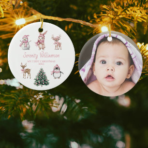 Photo My 1st Christmas Custom Baby Girl Woodland Ceramic Ornament