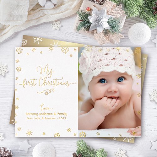 Photo My First Christmas Baby Snowflakes Real Gold Foil Holiday Card