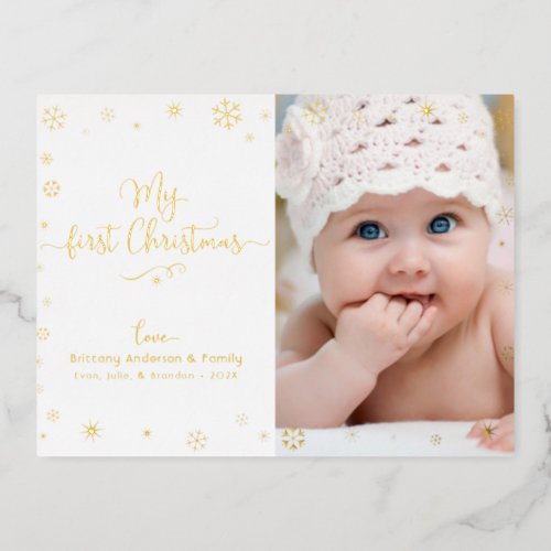 Photo My First Christmas Baby Snowflakes Real Gold Foil Holiday Postcard