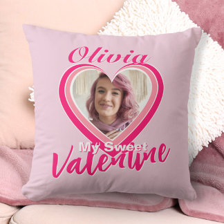 Photo My Sweet Valentine Hearts Name Pink Square Throw Pillow
