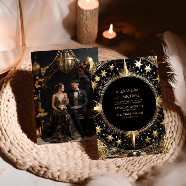 Photo Mystical Black Gold Celestial Galaxy Wedding Invitation (Creator Uploaded)