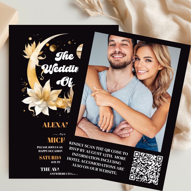 Photo Mystical Black Gold Celestial Stars Wedding Invitation (Creator Uploaded)