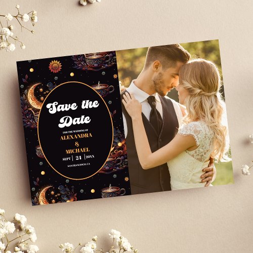 Photo Mystical Black Gold Celestial Stars Wedding Save The Date