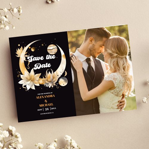Photo Mystical Black Gold Celestial Wedding Save The Date