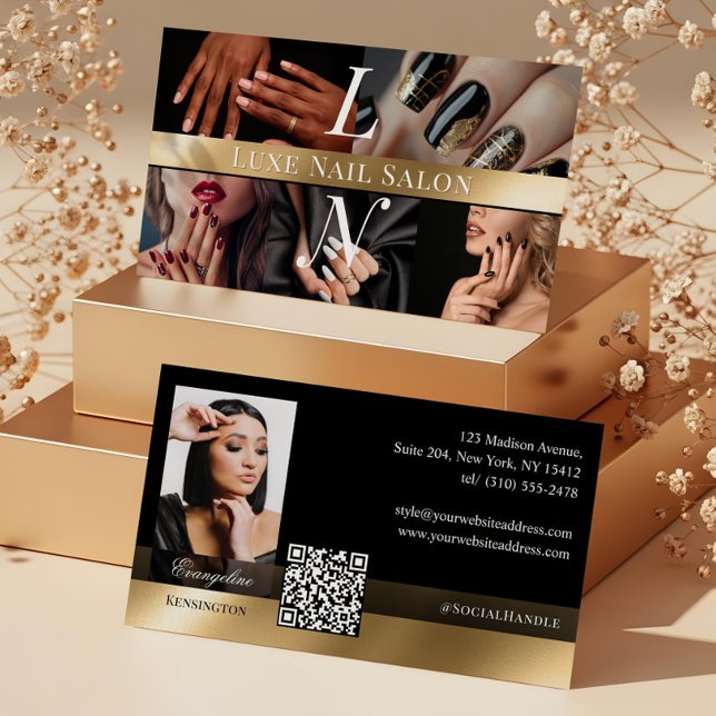 Photo Nail Art Technician Luxe Monogram Black Gold Business Card (Photo Nail Art Technician Luxe Monogram Black Gold Business Card)
