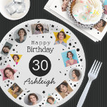 Photo Name 30th Birthday  Paper Plates<br><div class="desc">A fun photo collage of 12 confetti shaped personalized photos for a 30th birthday paper plates with a customized name to serve all you birthday treats on. Bold graphics of confetti in triangles,  ovals,  rectangles,  circles and squares in Black and White. Add the birthday person's personality to the celebration.</div>