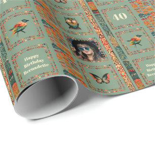 Photo Name Age Ethnic Bohemian Dark Green Birthday Wrapping Paper