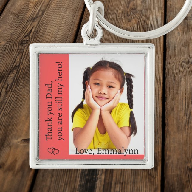 Photo, name and text in black on red keychain (Creator Uploaded)