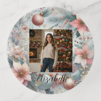 Photo name Christmas tree ornaments watercolor Trinket Tray