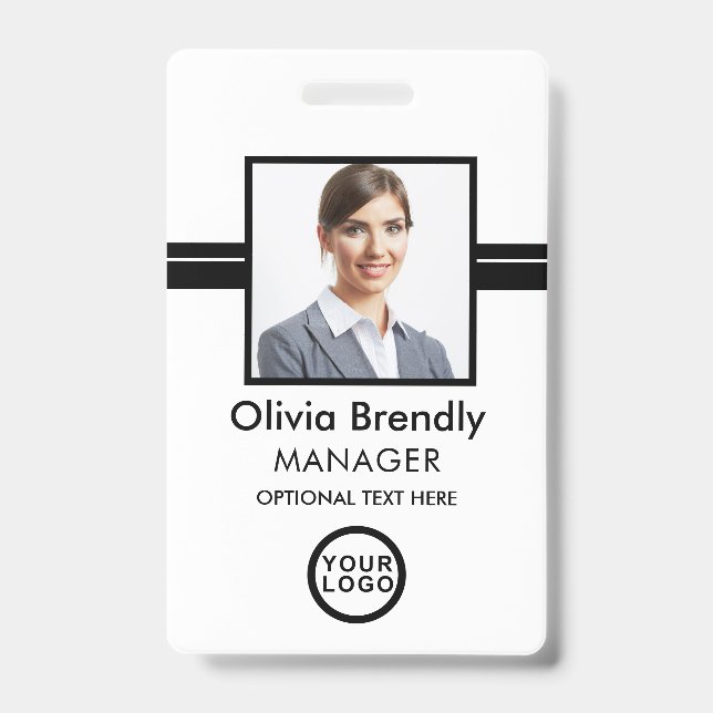 Photo Name Employee ID Badge | Black White (Front)