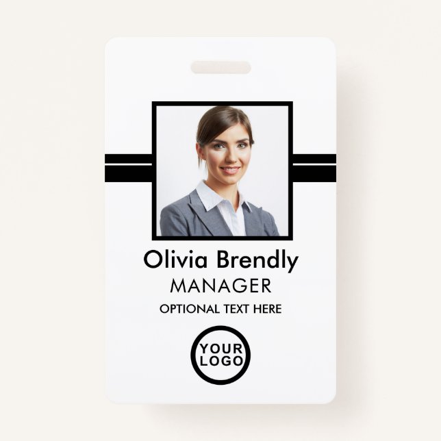 Photo Name Employee ID Badge | Black White (Front)