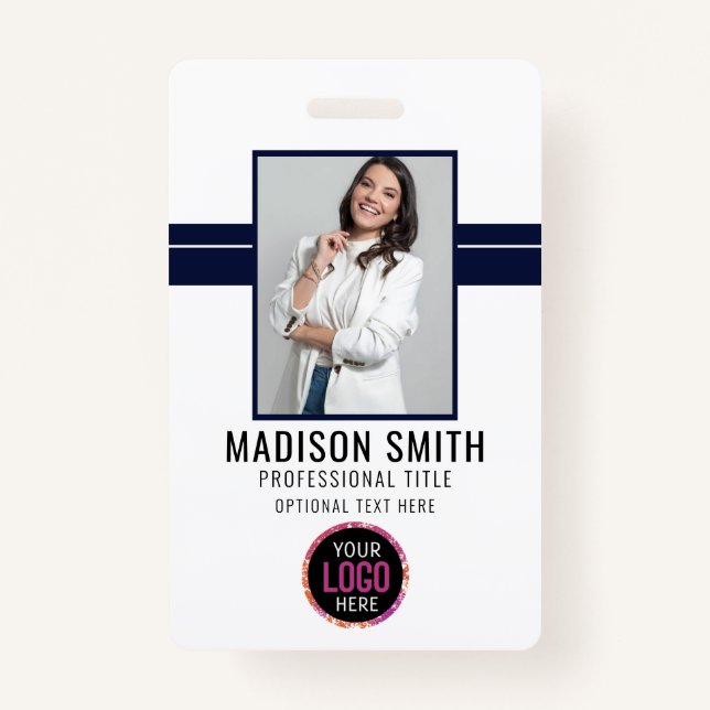 Photo Name Employee ID Badge | Navy White (Front)