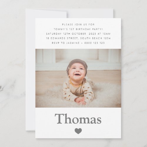 Photo Name First Birthday Party Heart Invitation