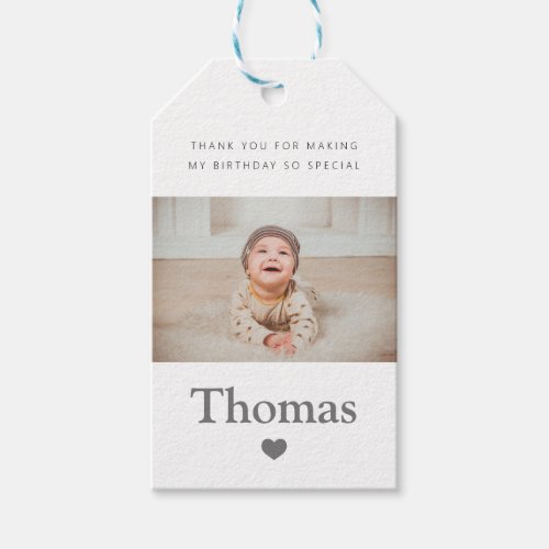 Photo Name First Birthday Party Heart Thank You Gift Tags