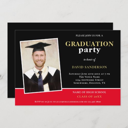 Photo Name Gold Black Red Grad Party Invitation