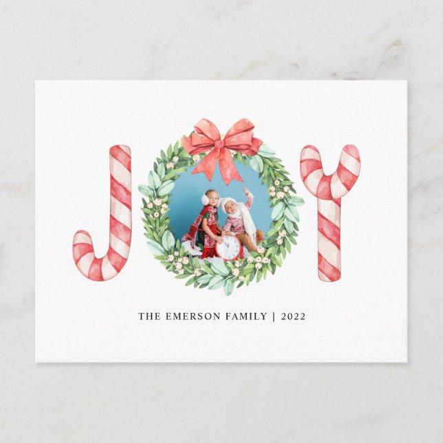 Photo, Name, Joy | Watercolor Christmas Wreath Postcard (Front)