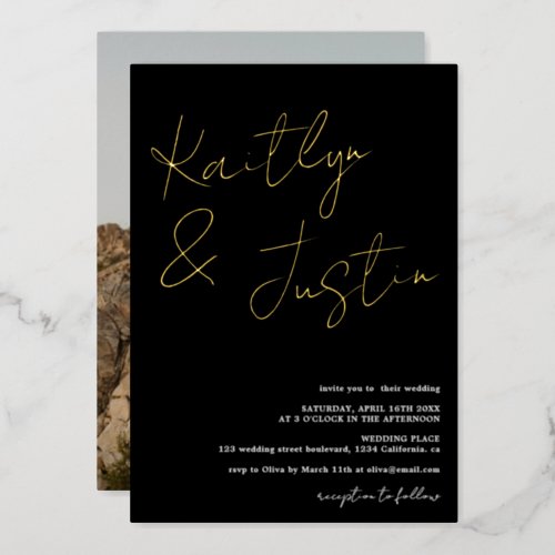 Photo name script calligraphy black wedding foil invitation