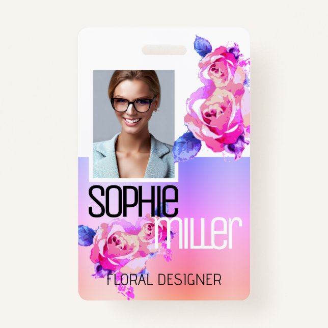 Photo Name Template Rainbow Ombre Flowers Roses  Badge (Front)
