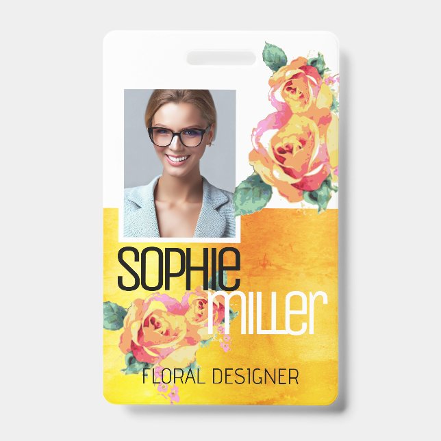 Photo Name Template Yellow Orange Flowers Roses  Badge (Front)