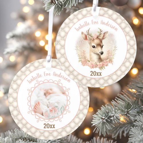 Photo Name Text Baby Girl First Christmas Acrylic Ornament