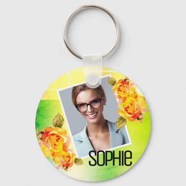 Photo Name Watercolor Floral Green Flowers Roses  Keychain (Front)