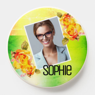 Photo Name Watercolor Floral Green Flowers Roses PopSocket