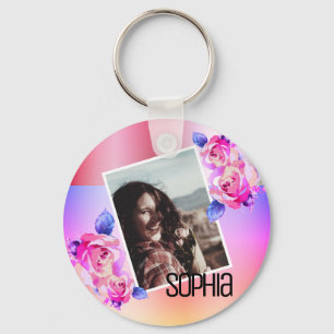 Photo Name Watercolor Floral Pink Flowers Roses  Keychain