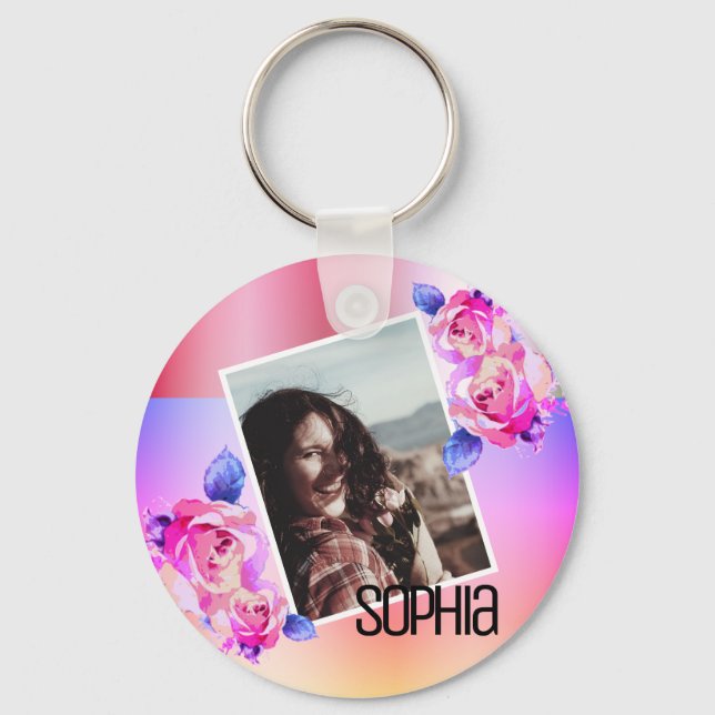 Photo Name Watercolor Floral Pink Flowers Roses  Keychain (Front)