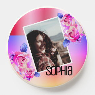Photo Name Watercolor Floral Pink Flowers Roses PopSocket