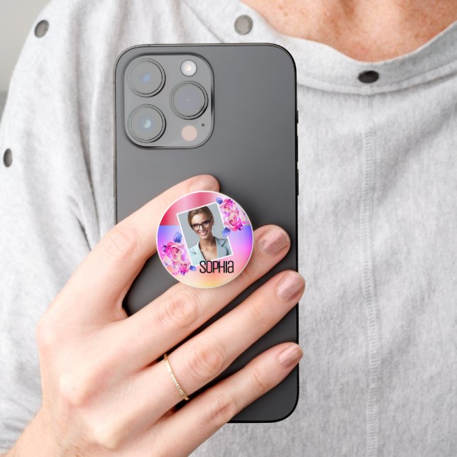 Photo Name Watercolor Floral Pink Flowers Roses  PopSocket (Hand)